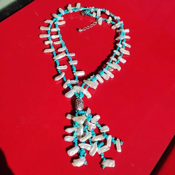 Jay King DTR mine finds Turquoise Keshi Pearl Tassel Necklace 925 Sterling Silve - Picture 9 of 12